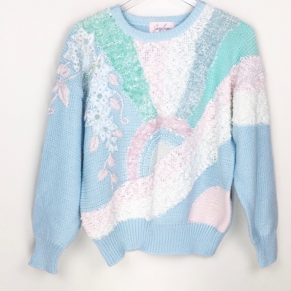 Fairy Kei Pastel Knit Sweater Jaclyn Smith Sequin Pearl Size L
